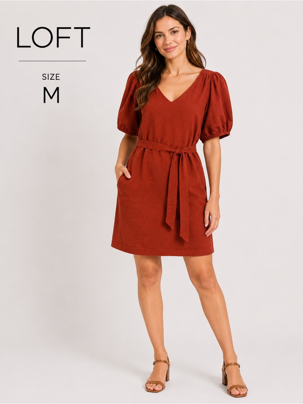 LOFT Rust Puff Sleeve Tie Waist Mini Dress Size M Boho Chic feminine corduroy
